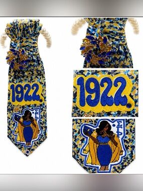 Blue and Yellow 1922 Embroidered Statement Tie Necklace